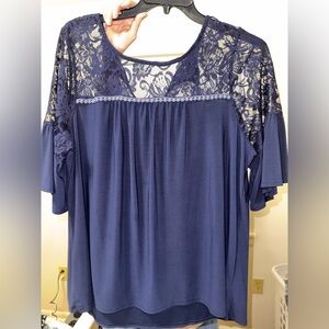 Women's Navy Lace Yoke Short Sleeve Top